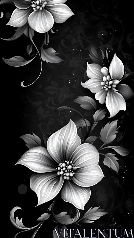 Luminous Petals Dance: Monochrome Bloom Symphony in Shadow.