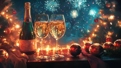 Festive champagne glasses amid fireworks and warm lights.