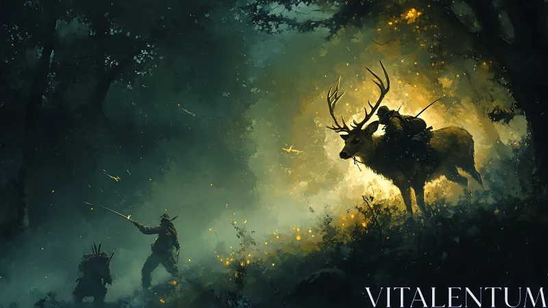 Warrior figures confront mounted archer on stag in dense forest