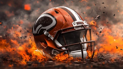 American football helmet rests in cinematic firestorm field