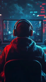 Cyberpunk gamer at neon-lit desktop battlestation.