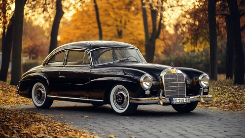 Vintage black coupe stands on autumn forest lane at dusk