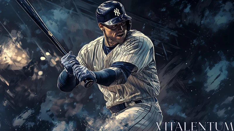 Baseball batter in pinstripes preparing to hit pitch.