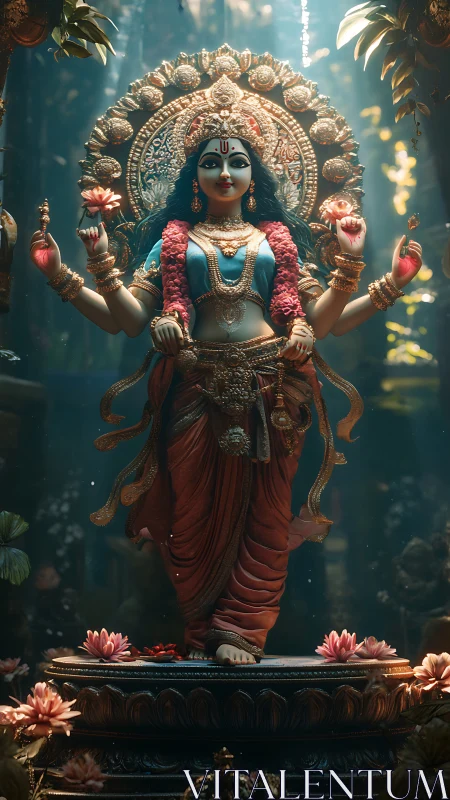 Digital painting of radiant goddess idol with lotus and halo symmetry.