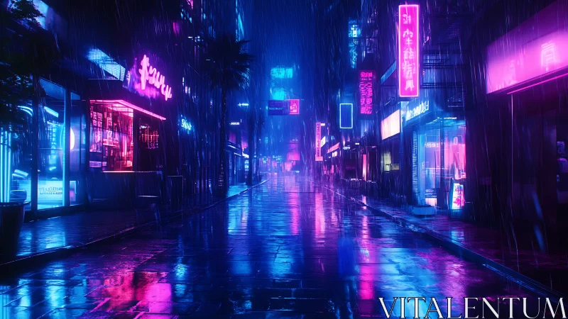 Neon soaked city street glowing softly in the midnight rain.