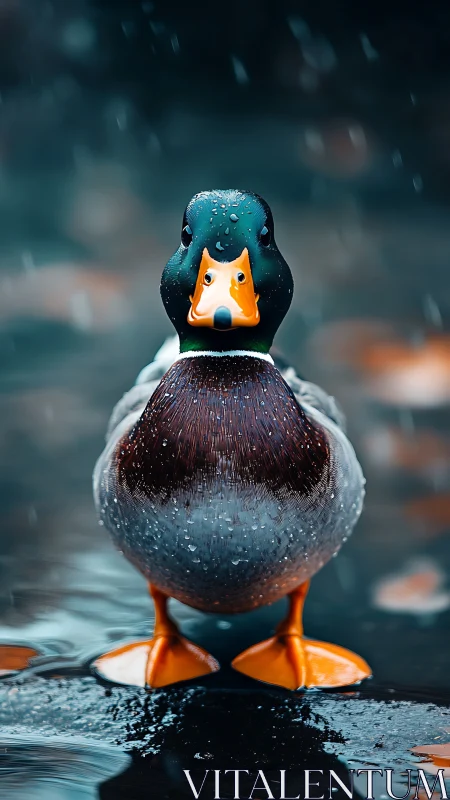 Photorealistic mallard portrait in shallow depth-of-field rain.