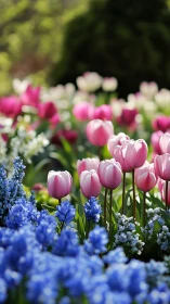 Spring Tulip Garden with Blue Muscari Flowers