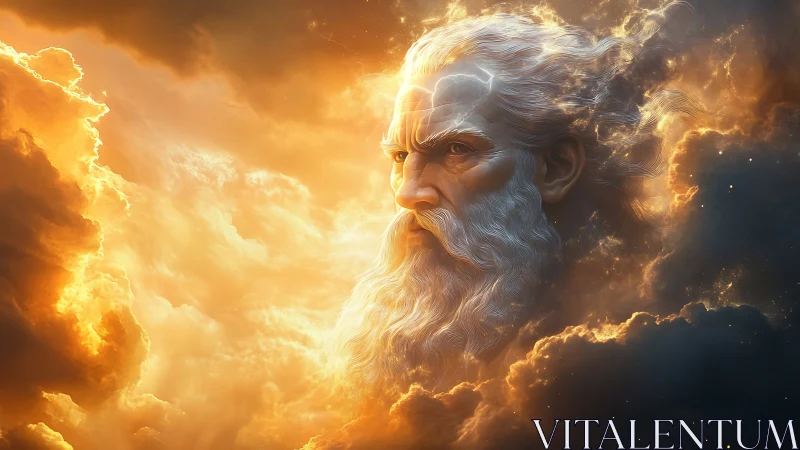 Storm-woven elder stares through blazing clouds of myth