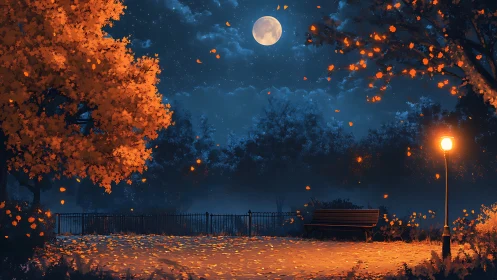 Autumn park at night under full moon and lamppost light.