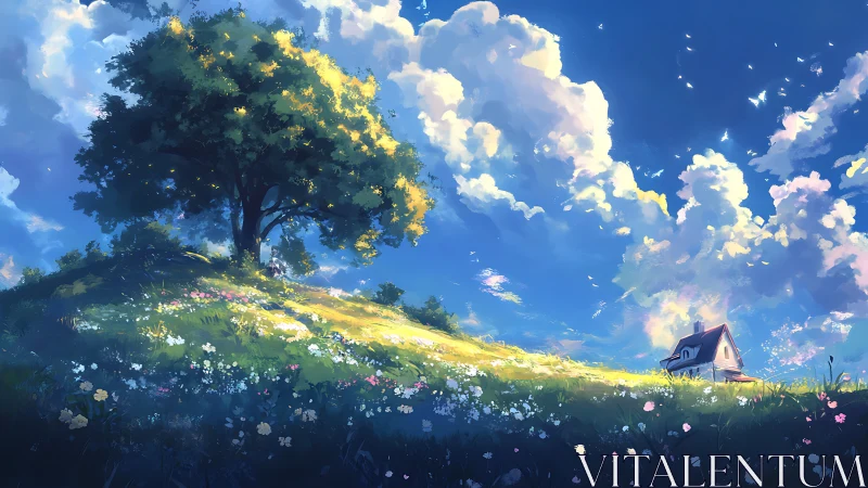 Landscape illustration shows hillside tree and distant house