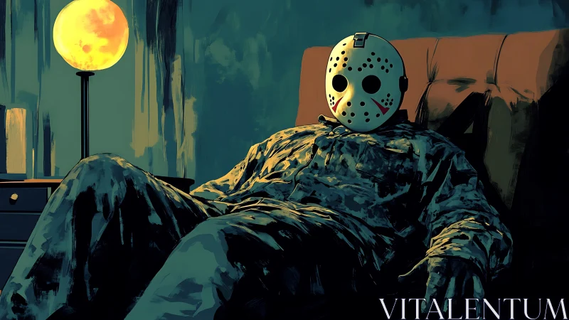 Masked figure resting in dim room under moonlike lamp.