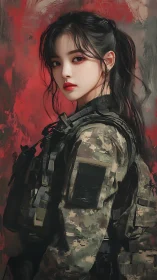 Digital portrait of tactical soldier against abstract red field.