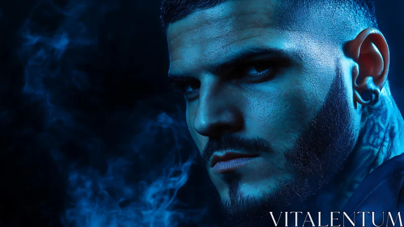 Moody blue portrait of tattooed man with sharp beard detail