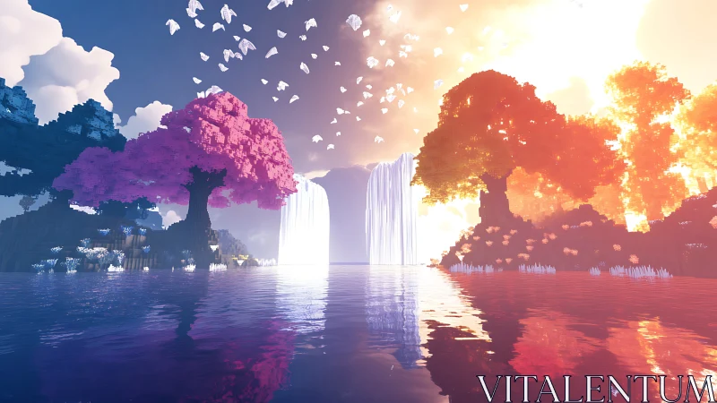 Fantasy Landscape with Colorful Trees and Waterfall