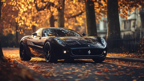 Midnight supercar gliding through molten autumn streets.