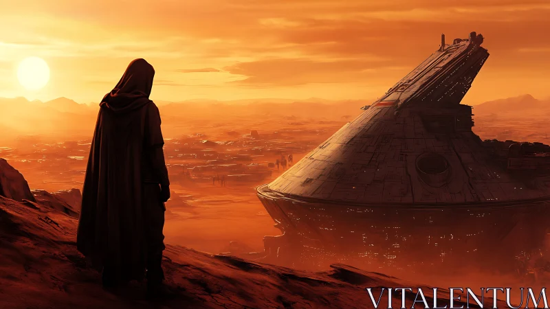 Cloaked Wanderer Overlooking Desert Wrecked Starcruiser Vista.