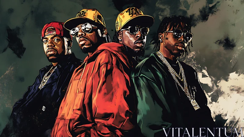 Hip hop crew portrait in bold urban digital painting style.