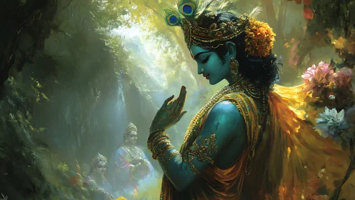 Blue-skinned crowned figure stands in forest with attendants