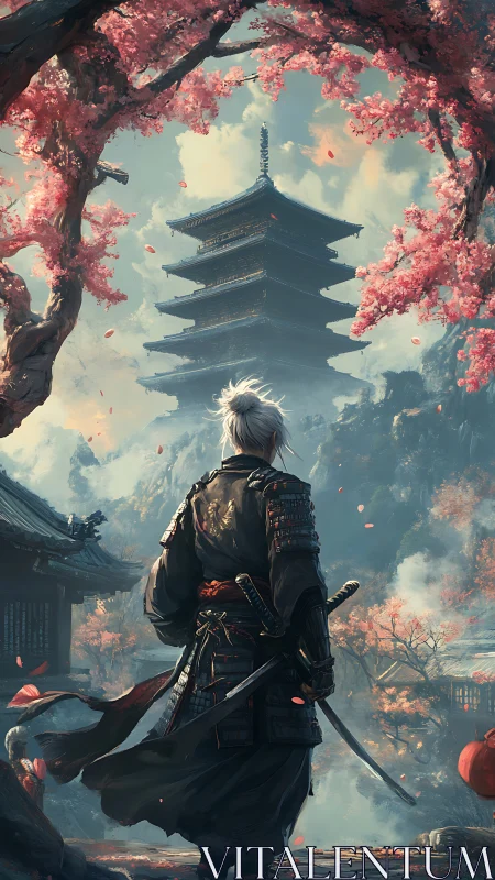Samurai figure before tiered pagoda amid cherry blossoms.