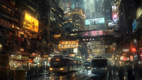 Dense cyberpunk city street with trams and neon signs.