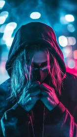Hooded figure under neon bokeh with strong cyan‑magenta rim lighting