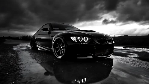 Sleek sports coupe glows against stormy, reflective roadway.