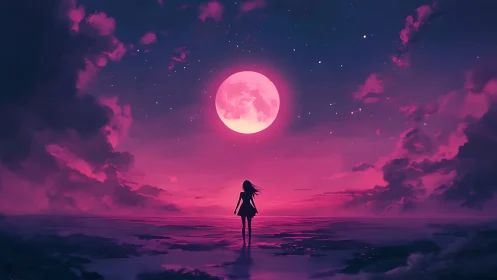 Silhouette girl under pink full moon on reflective shore.