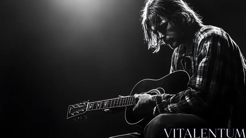 Solitary guitarist in moody black and white studio light.