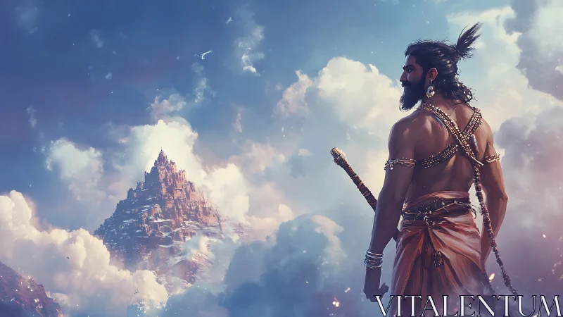 Warrior observes distant mountain citadel within clouds