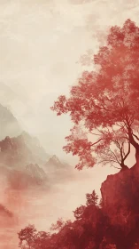 Crimson cliffside guardian leaning over mist-swept silence.