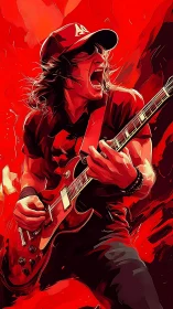 Red storm guitarist shredding through electric fury.