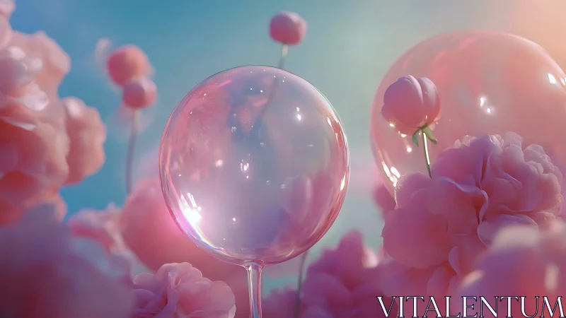 Iridescent glass orbs float among soft pink blossoms.