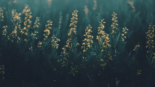 Golden grass blooms pierce mist-laden woodland backdrop.