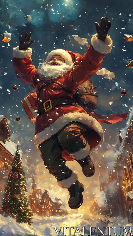 Dynamic low-angle Santa leap in snowy illuminated village street