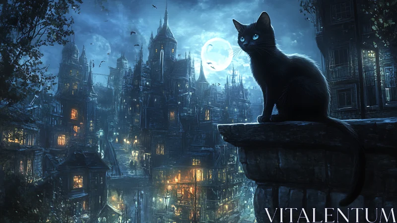Black Cat Overlooking Gothic Moonlit Cityscape.