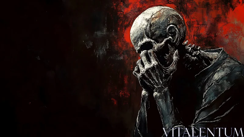 Skeletal figure in despair against textured crimson void.
