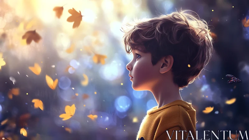 Young Boy Gazing Through Autumn Leaves and Golden Light.