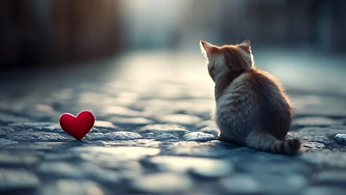White Kitten Discovers Red Heart on Cobblestone