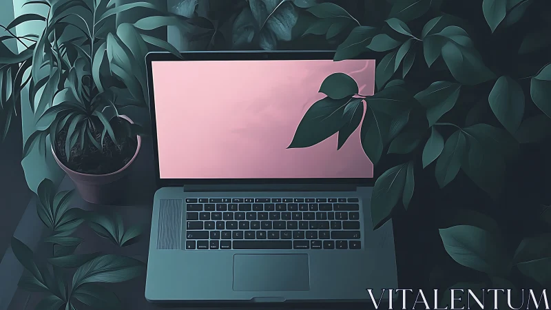 Laptop with blank pink screen among dense green foliage.
