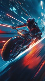 Neon street rider cutting through futuristic city light trails.