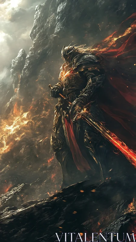 Fiery armored warrior standing tall in a glowing lava realm.
