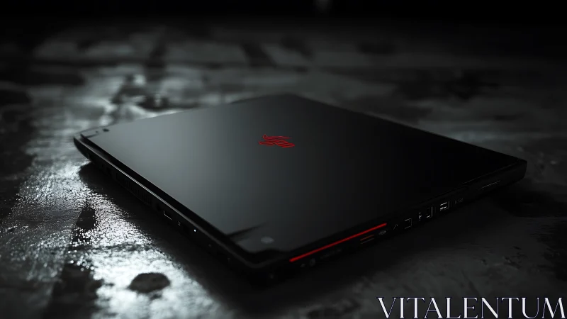 Sleek black gaming laptop rests closed on wet concrete