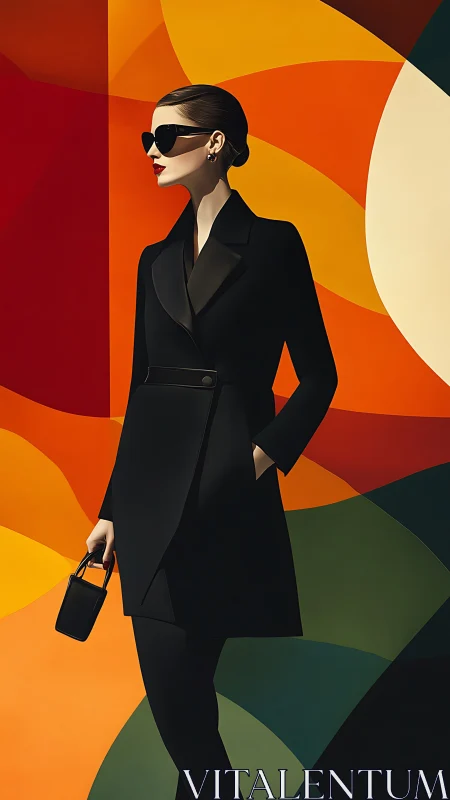 Chic woman in black coat against bold abstract colors.