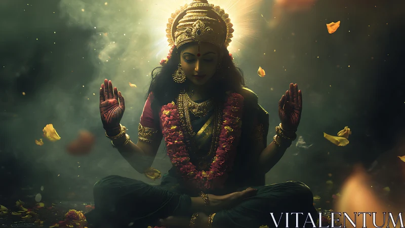 Seated female deity figure in lotus pose with floral garlands.