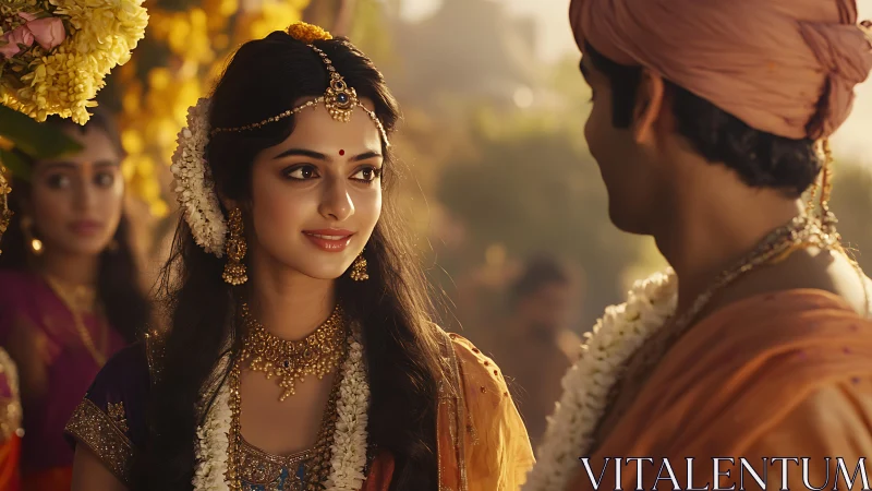 Photorealistic Indian wedding portrait with garlands and jewelry