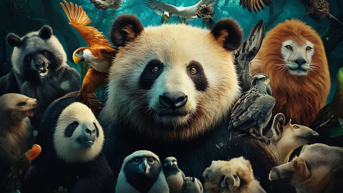 Panda surrounded by diverse wildlife in dense forest tableau