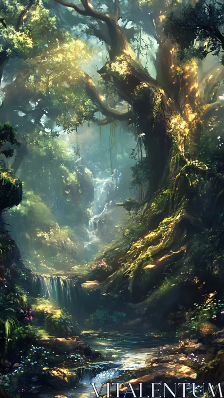 Ancient Forest Canyon with Cascading Waterfall and Golden Light.