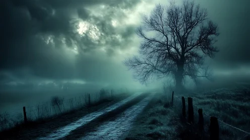 Misty country lane under moody clouds and a lone tree.