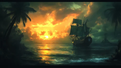 Sailing vessel crosses coastal waters at low sun over horizon