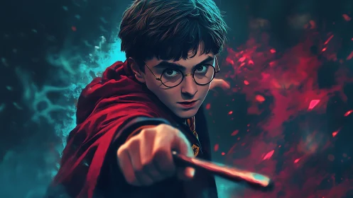 Intense young wizard casting spell amid red and teal energies.